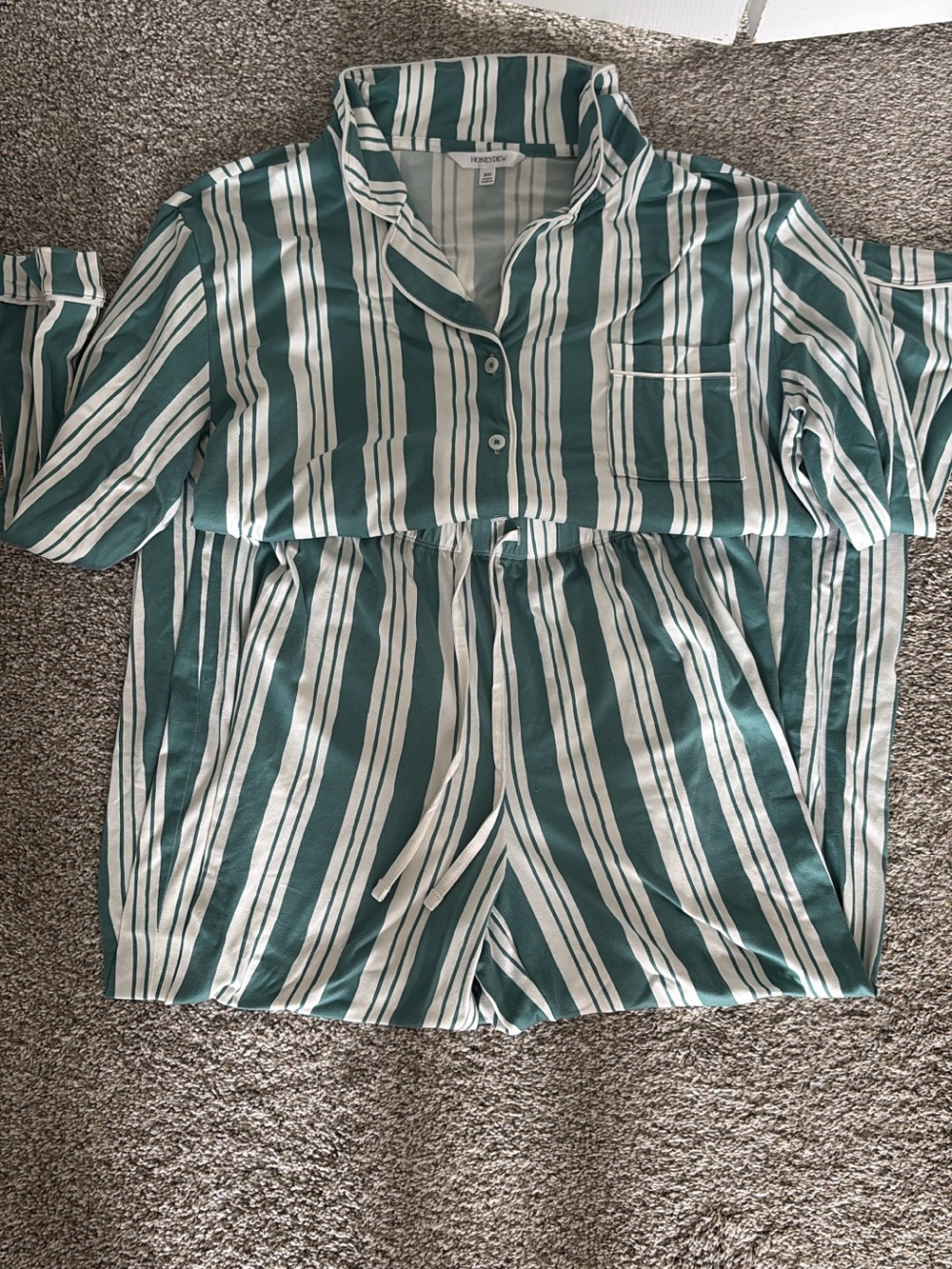 Green and White Striped Pajama Set